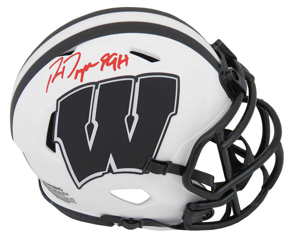 Ron Dayne Signed Wisconsin Badgers Lunar Eclipse White Matte Riddell Speed Mini Helmet “99H” (Schwartz Sports COA)