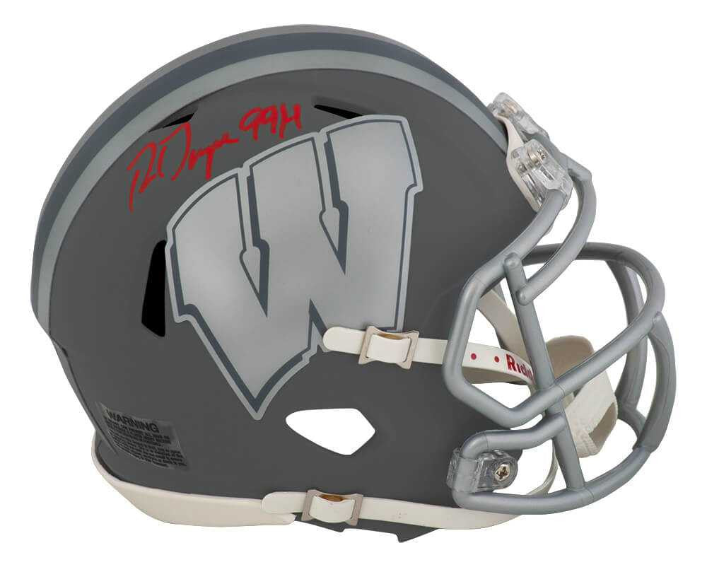 Ron Dayne Signed Wisconsin Badgers SLATE Riddell Speed Mini Helmet w/99H - Schwartz Authenticated