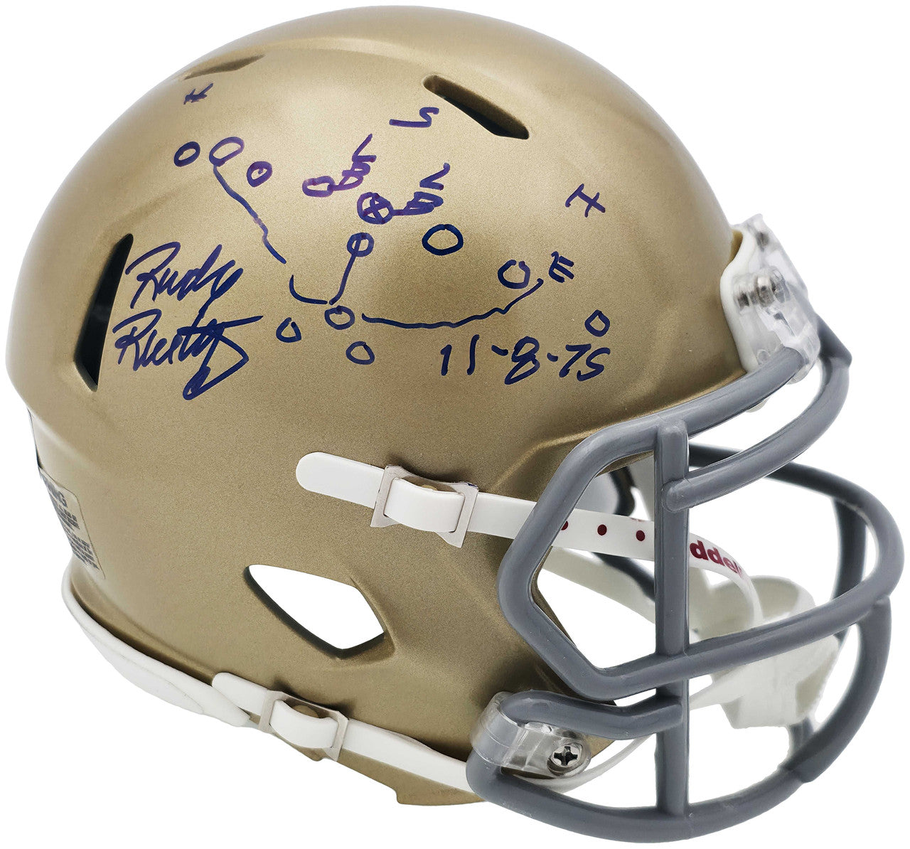 Rudy Ruettiger Autographed Notre Dame Fighting Irish Gold Speed Mini Helmet “Play Sketch” – Beckett BAS Witness