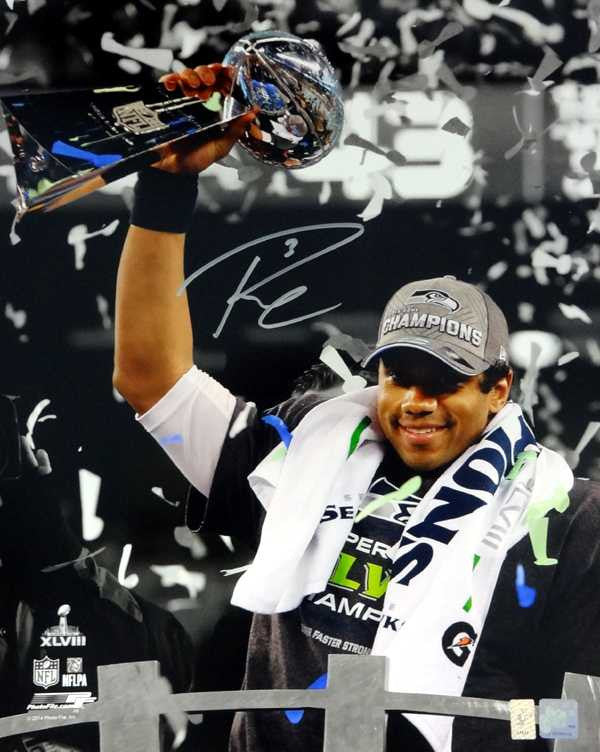 Russell Wilson Autographed 16x20 Photo Seattle Seahawks Super Bowl Trophy.