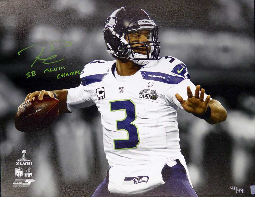 Russell Wilson Autographed 24x30 Canvas Photo Seattle Seahawks "SB XLVIII Champs" Super Bowl Trophy #/48 RW Holo