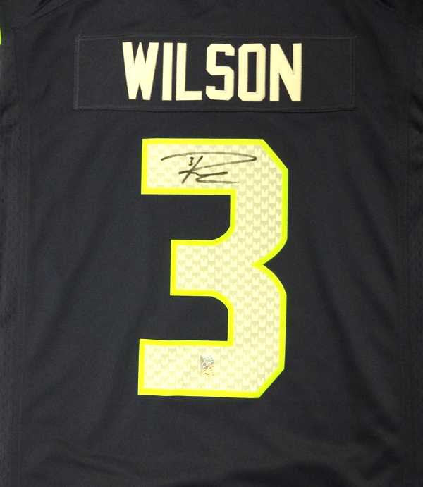 Russell Wilson Autographed Seattle Seahawks Blue Nike Twill Jersey Size XL RW Holo Stock
