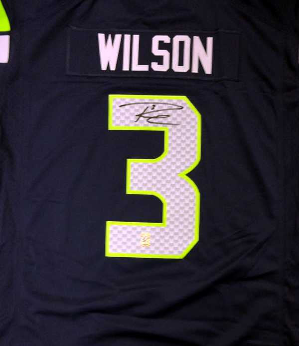 Russell Wilson Autographed Seattle Seahawks Blue Nike Twill Jersey Size XXL RW Holo Stock