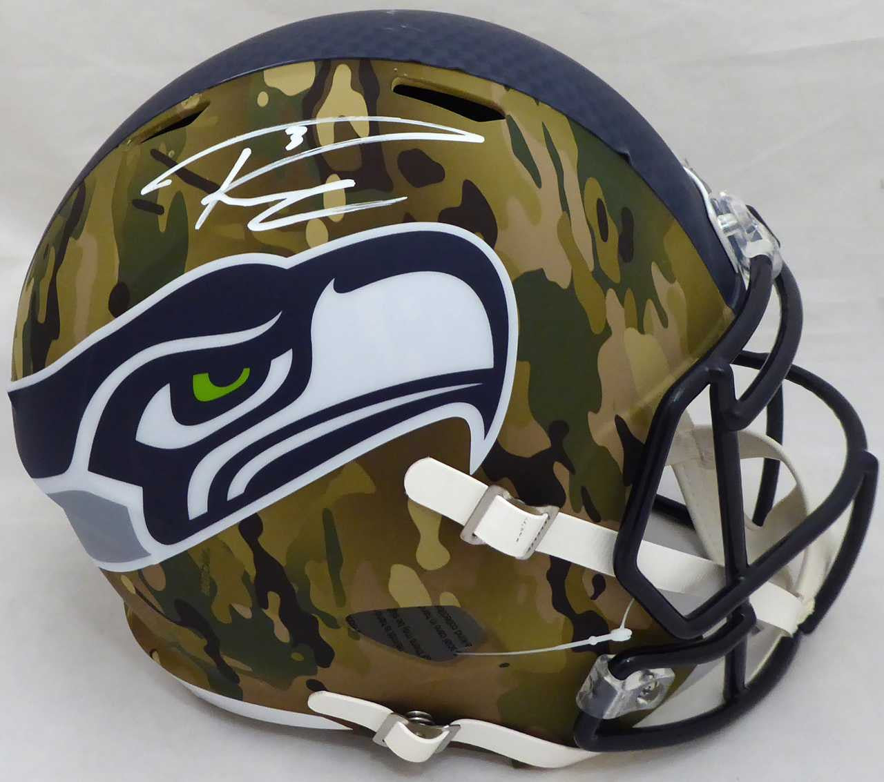 Russell Wilson Autographed Seattle Seahawks Camo Full Size Speed Helmet RW Holo & Beckett BAS