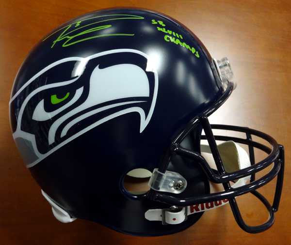 Russell Wilson Autographed Seattle Seahawks Full Size Helmet SB XLVIII Champs in Green RW Holo