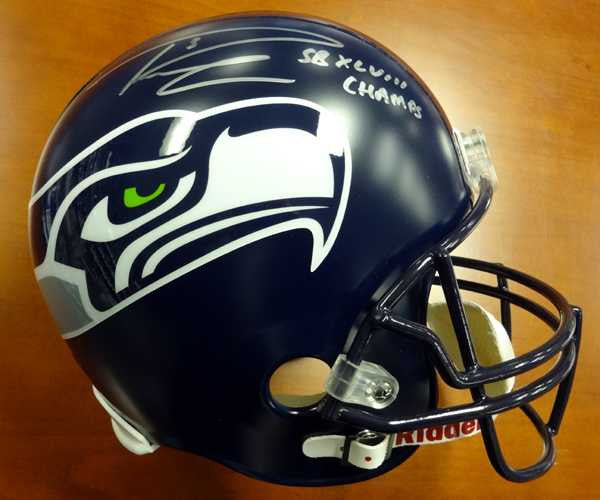 Russell Wilson Autographed Seattle Seahawks Full Size Helmet SB XLVIII Champs in Silver RW Holo