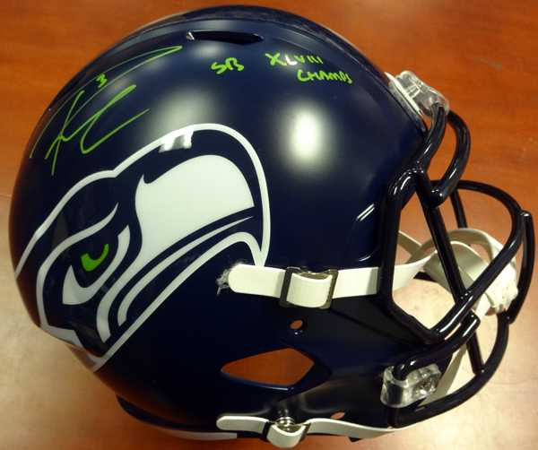 Russell Wilson Autographed Seattle Seahawks Full Size Speed Replica Helmet in Green "SB XLVIII Champs" RW Holo Stock #94267