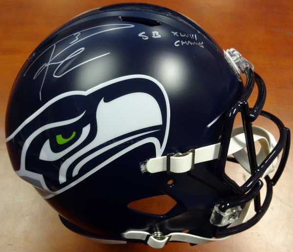 Russell Wilson Autographed Seattle Seahawks Full Size Speed Replica Helmet in Silver "SB XLVIII Champs" RW Holo Stock #94268
