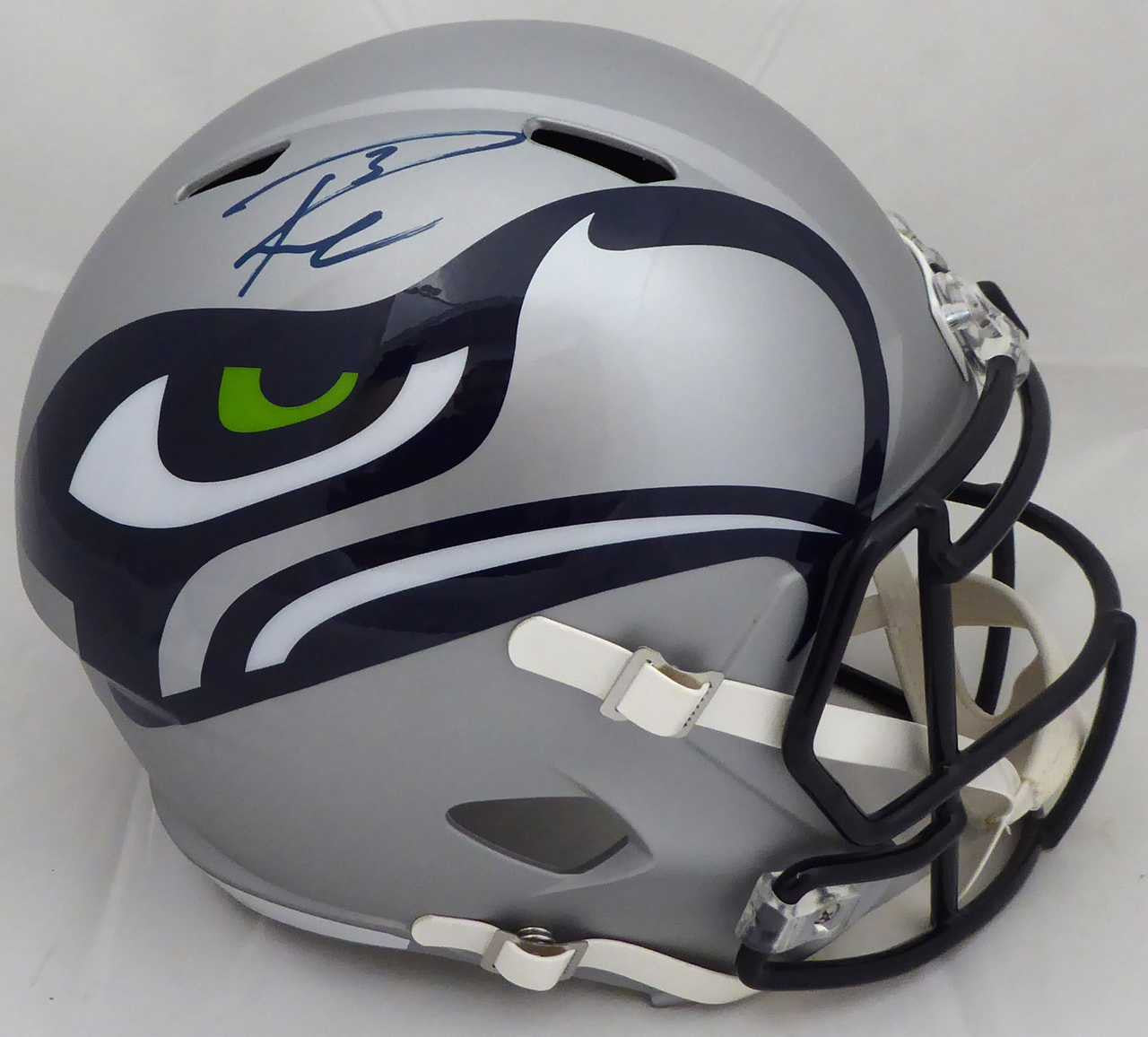 Russell Wilson Autographed Seattle Seahawks Gray AMP Full Size Speed Helmet In Blue RW Holo