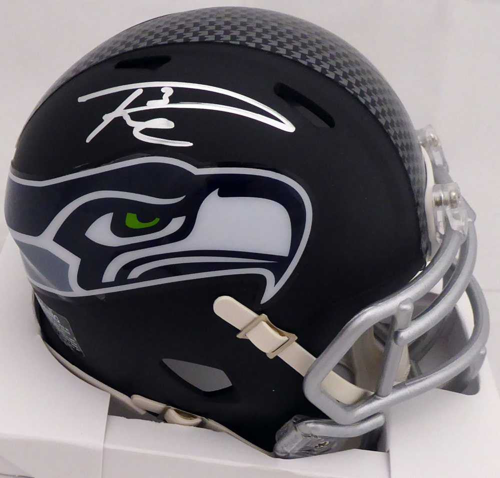Russell Wilson Autographed Seattle Seahawks Matte Black Speed Mini Helmet In Silver RW Holo
