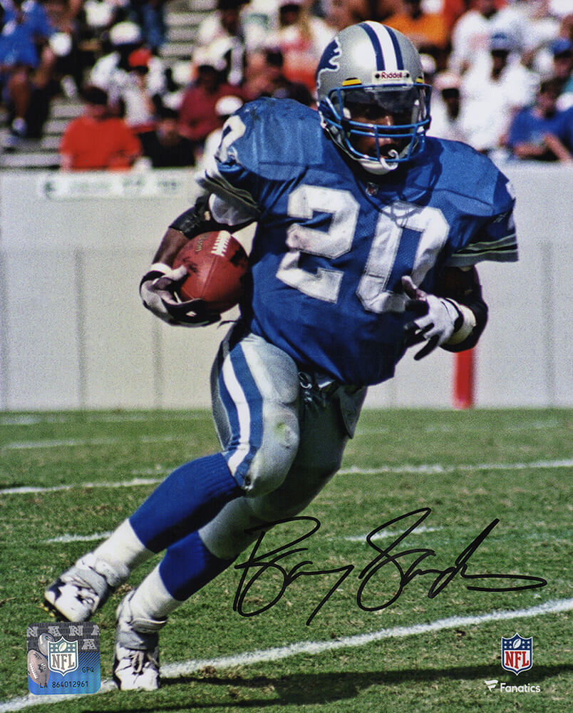 Barry Sanders Signed Detroit Lions Blue Jersey Running With Football Action 8x10 Photo – Schwartz Authenticated
