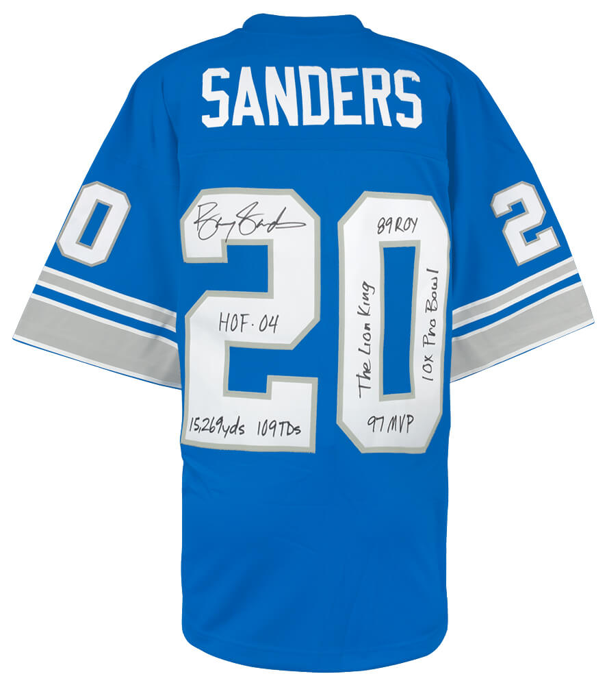 Barry Sanders Signed Detroit Lions 1996 Throwback Mitchell & Ness Legacy Jersey 7 Inscriptions Schwartz
