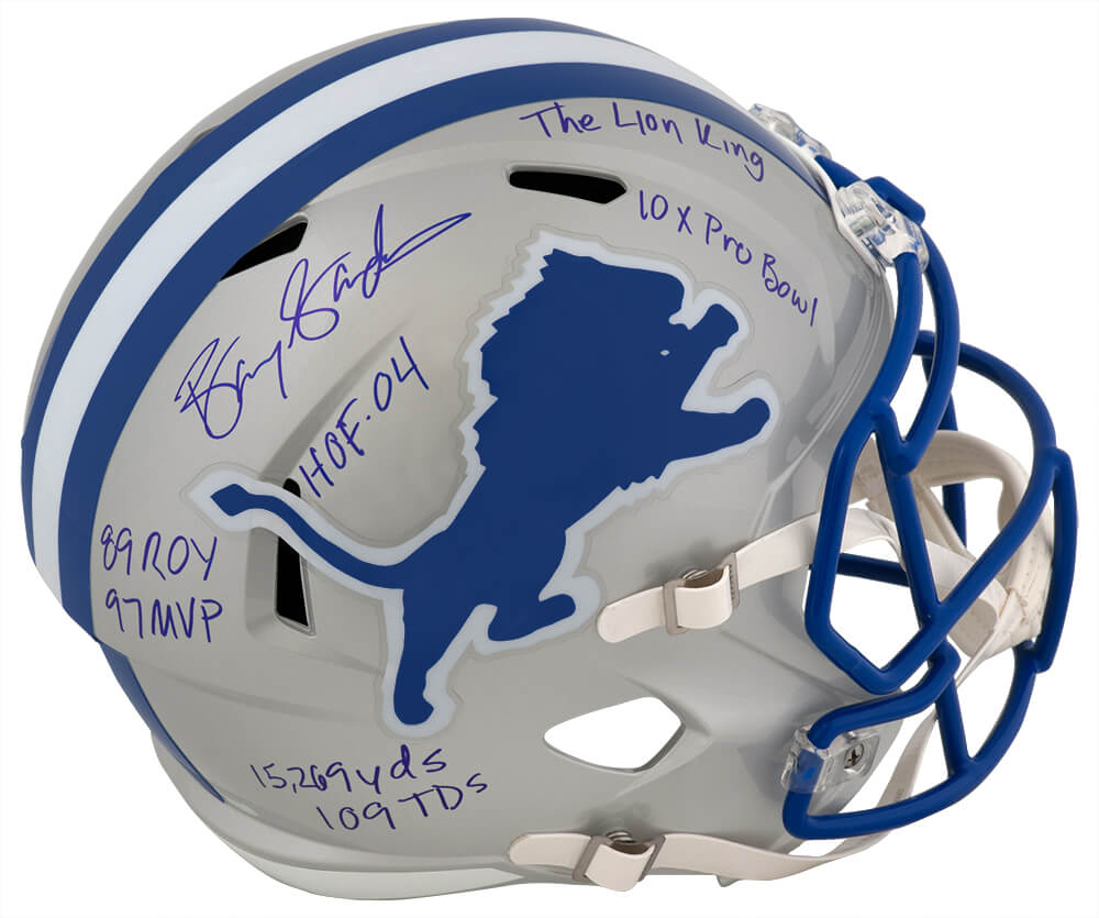 Barry Sanders Signed Lions Throwback Speed Replica Helmet 7 Inscriptions - Schwartz