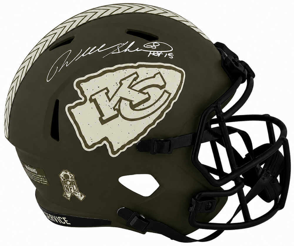 Will Shields Autographed Kansas City Chiefs SALUTE Riddell Full-Size Speed Replica Helmet with "HOF '15" Inscription - Schwartz Authenticated