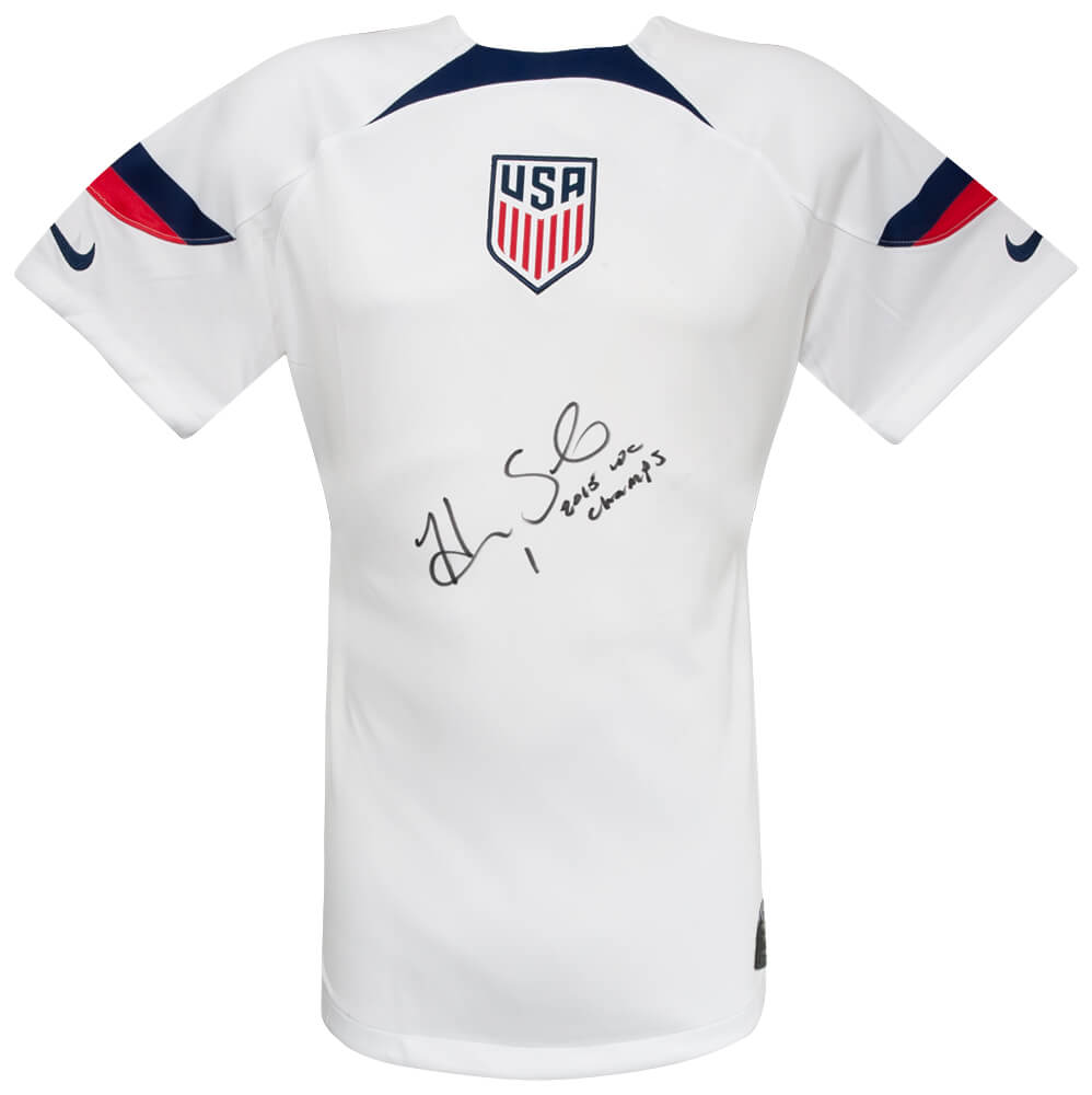 Hope Solo Signed Women's White Nike Dri-Fit Soccer Jersey w/2015 WC Champs
