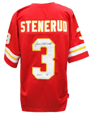 Jan Stenerud Autographed Kansas City Chiefs Custom Red Throwback Football Jersey w/ "HOF '91" Inscription - Schwartz Sports Certified