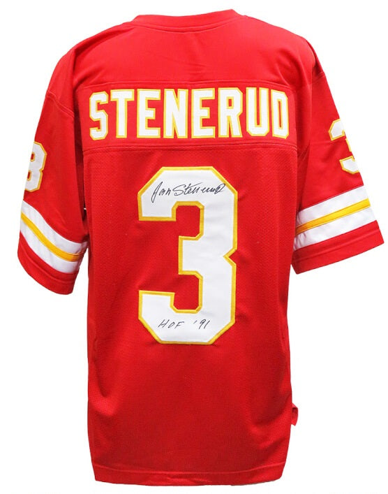 Jan Stenerud Autographed Kansas City Chiefs Custom Red Throwback Football Jersey w/ "HOF '91" Inscription - Schwartz Sports Certified