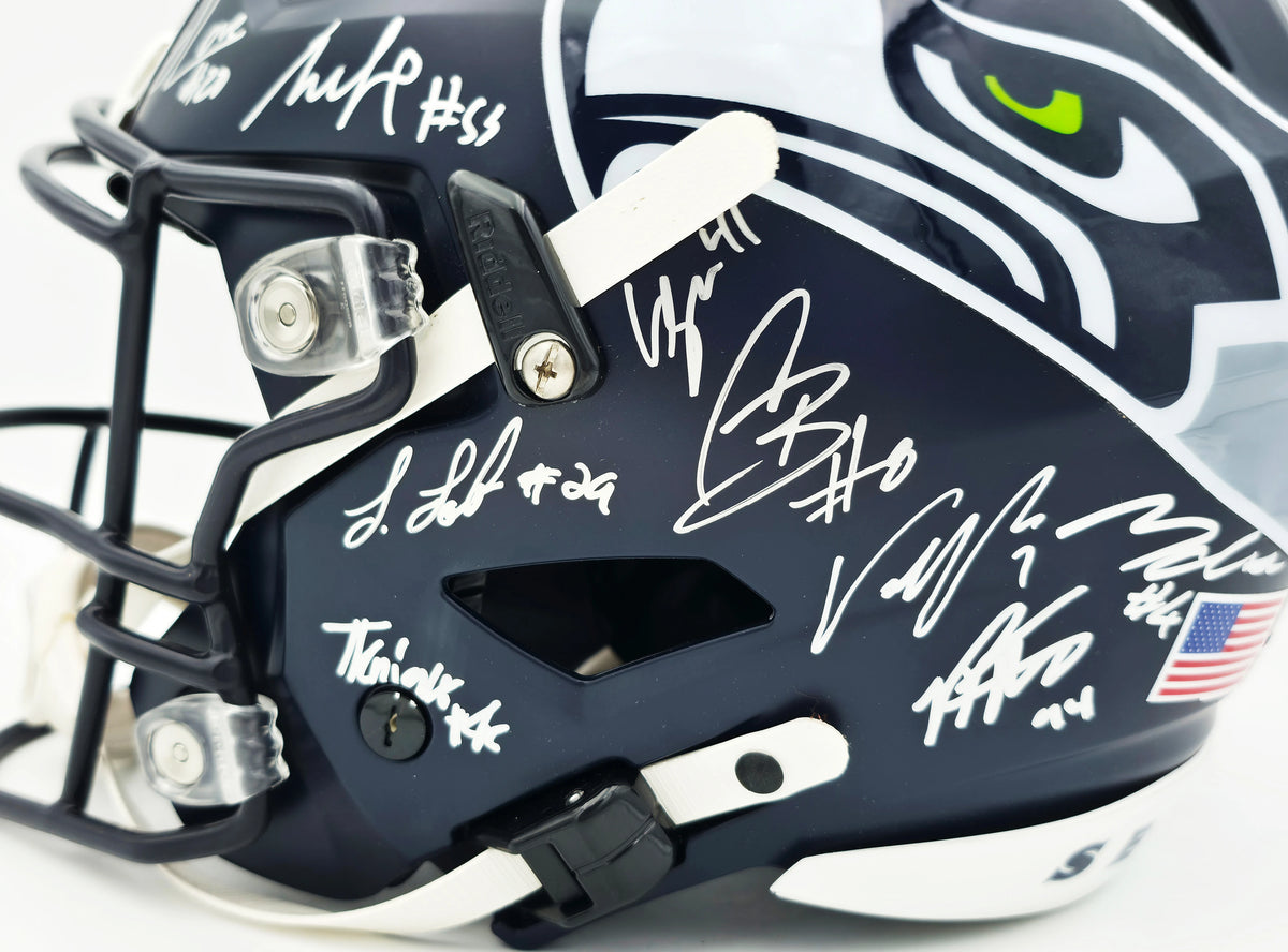 Seattle Seahawks Super Bowl LX Champions 28-Signature Autographed Blue Full Size SpeedFlex Authentic Helmet - Beckett & Fanatics Authenticated