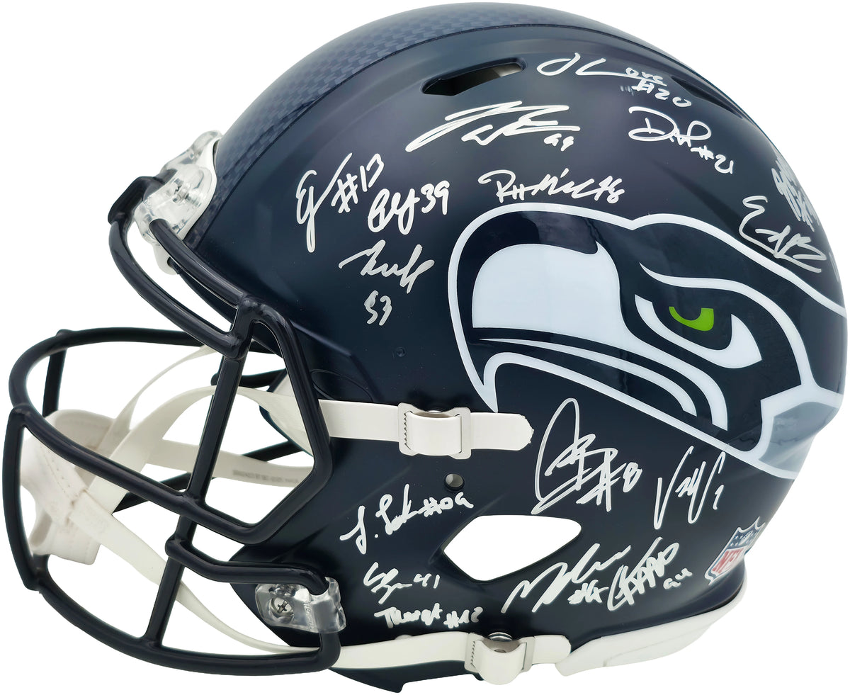 Seattle Seahawks Super Bowl LX Champions 28-Signature Autographed Blue Full Size Speed Authentic Helmet - Beckett & Fanatics Authenticated
