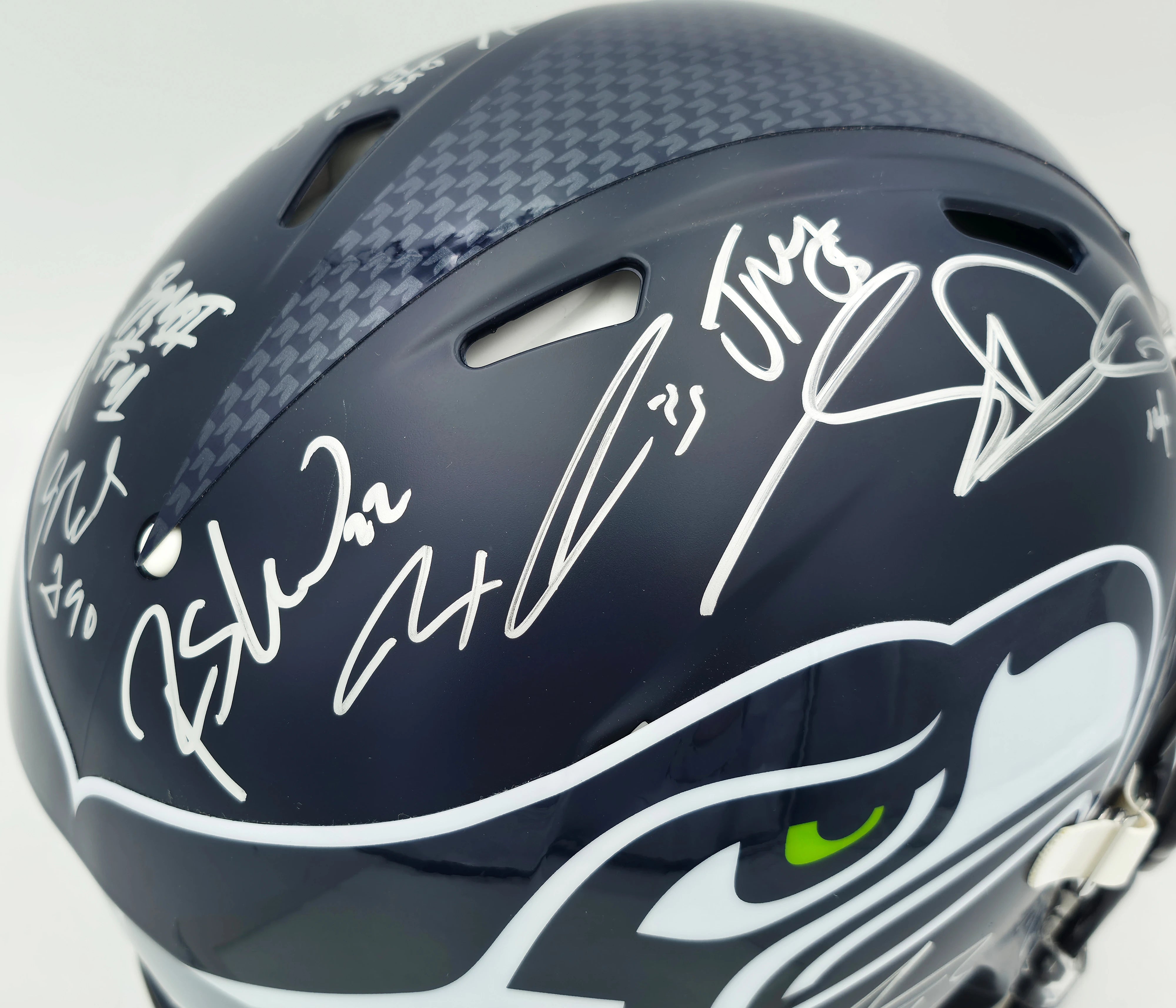 Seattle Seahawks Super Bowl LX Champions 28-Signature Autographed Blue Full Size Speed Authentic Helmet - Beckett & Fanatics Authenticated