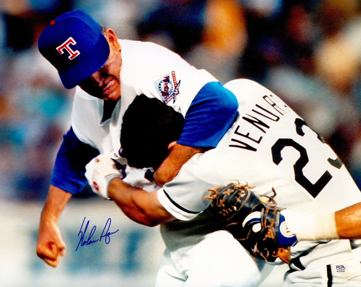 Nolan Ryan Autographed 16x20 Photo Texas Rangers Fight vs. Robin Ventura - PSA/DNA Authenticated