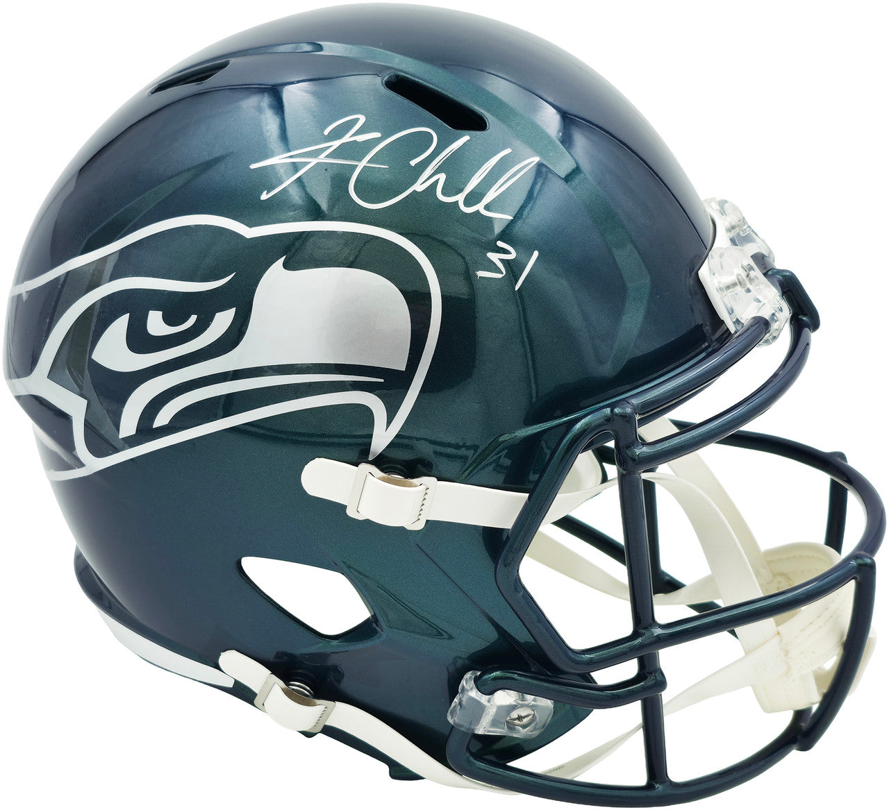 Kam Chancellor Autographed Seattle Seahawks Metallic Green Rivalries Full Size Speed Replica Helmet Beckett BAS Witness
