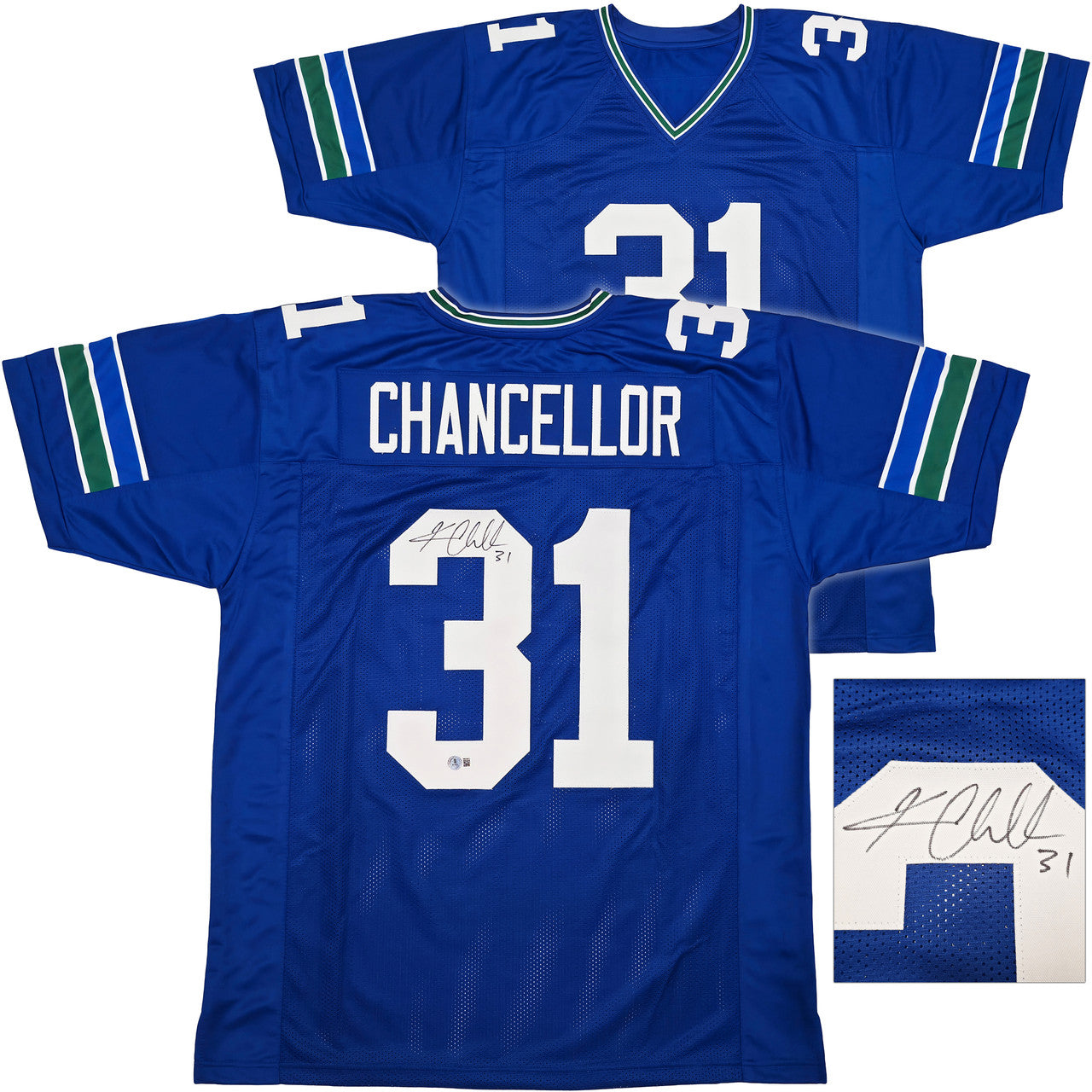 Seattle Seahawks Kam Chancellor Autographed Blue Throwback Jersey Beckett BAS Witness