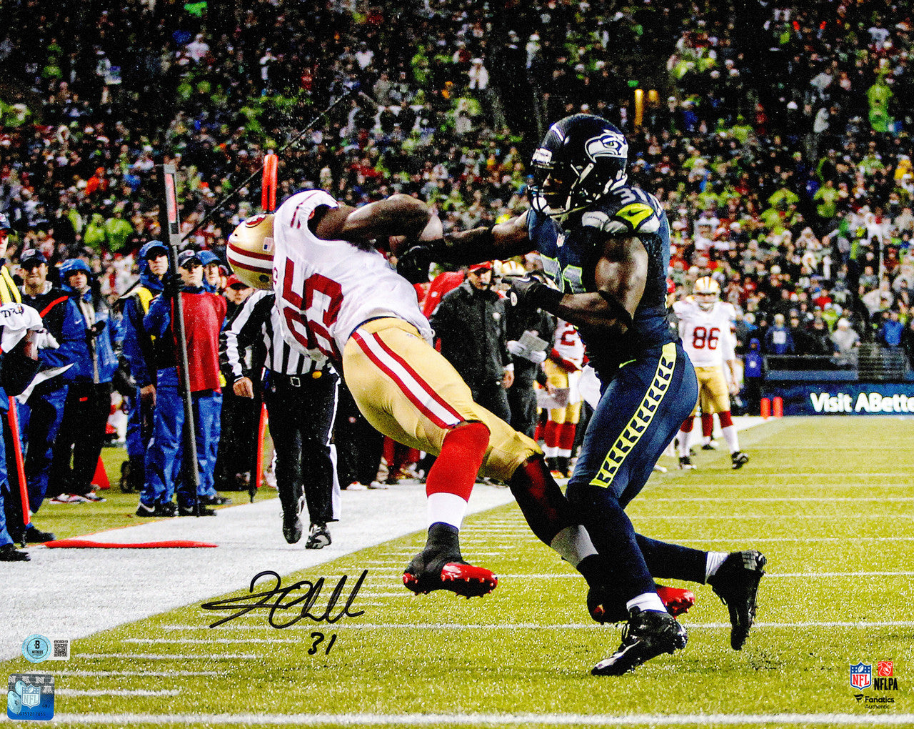 Kam Chancellor Autographed 16x20 Photo (Hit On Vernon Davis) Seattle Seahawks Beckett BAS Witness