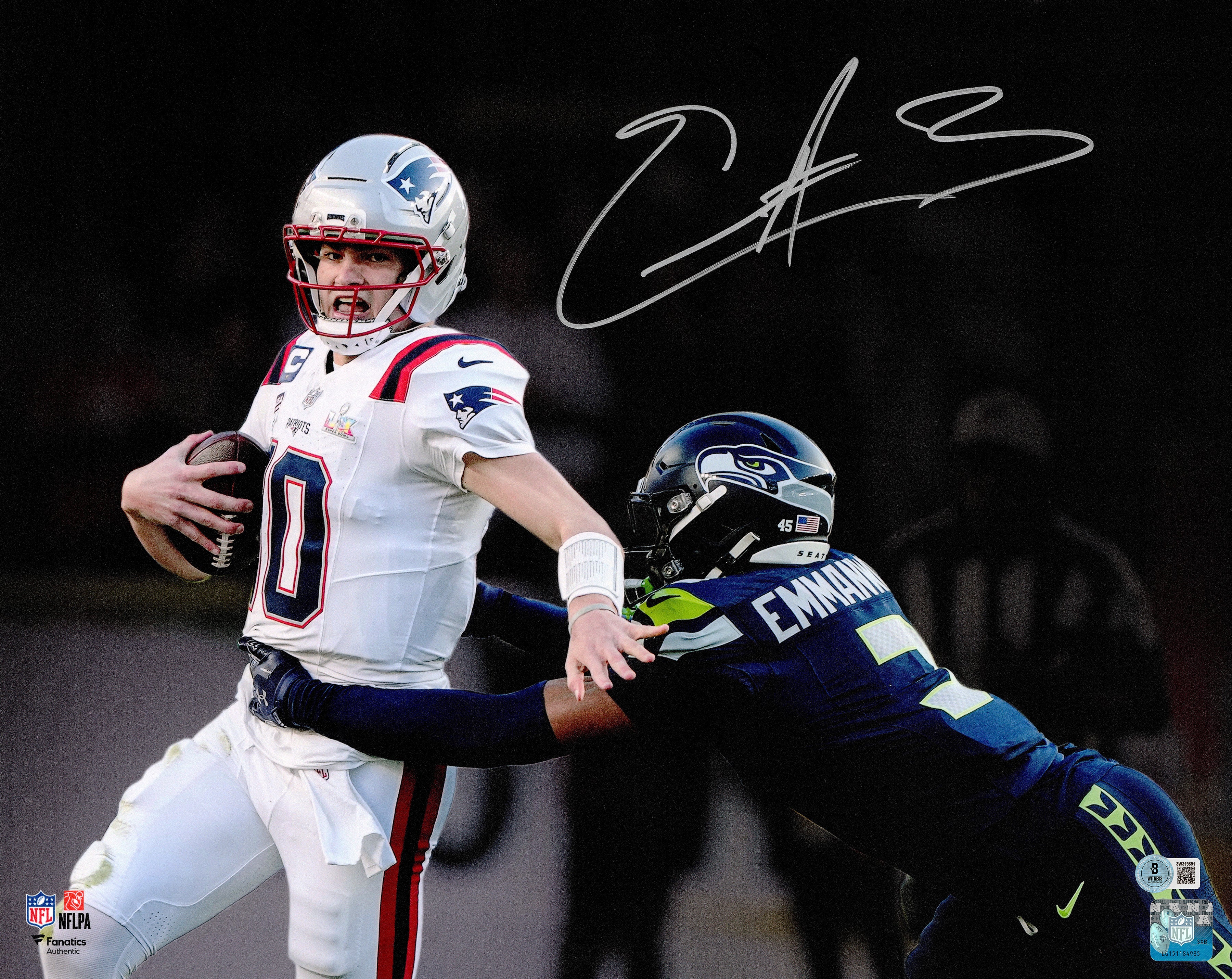 Nick Emmanwori Autographed Seahawks Super Bowl LX Photo Tackling Drake Maye BAS Witness