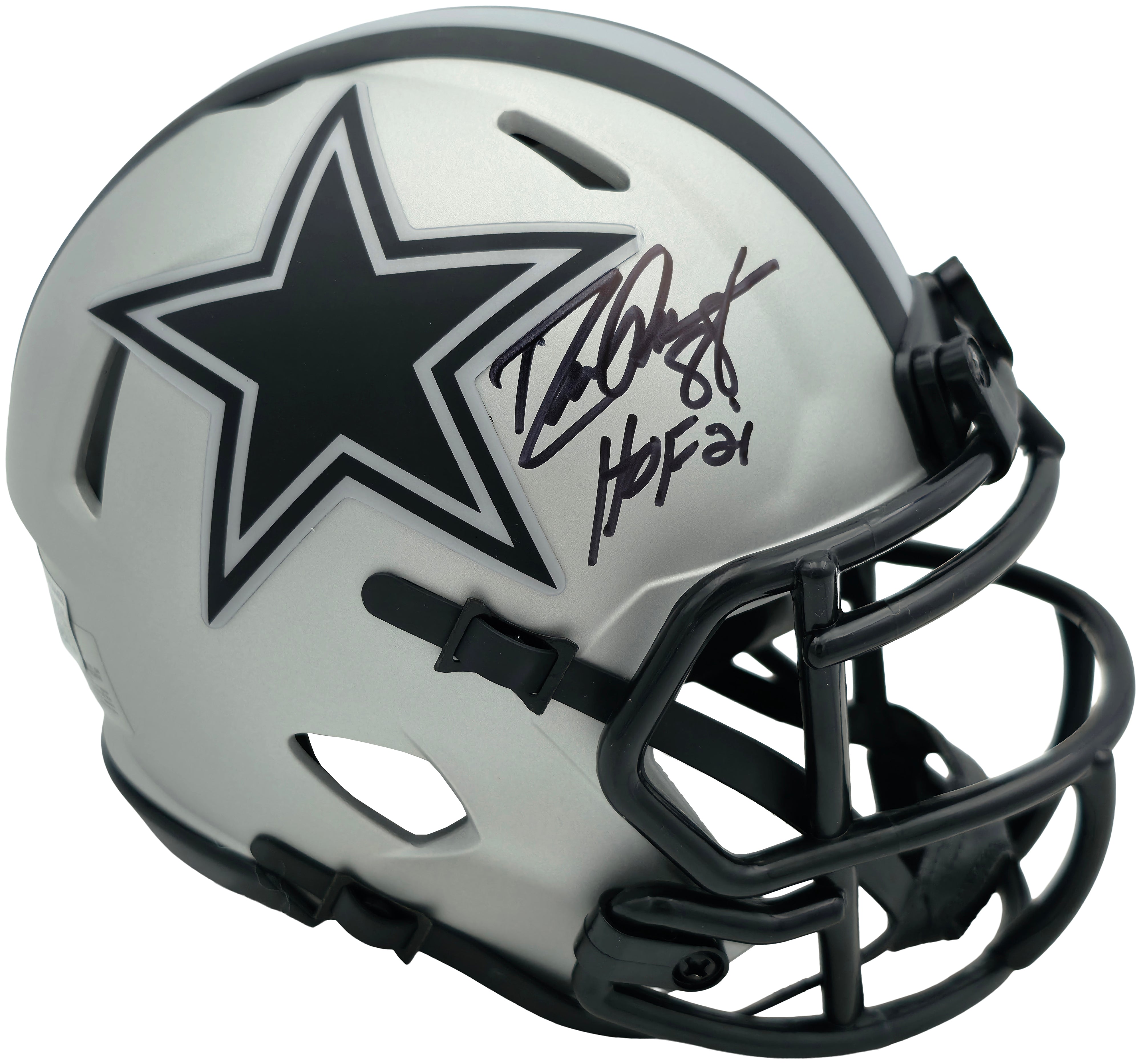 Drew Pearson Autographed Dallas Cowboys Rave Silver Speed Mini Helmet "HOF 21" Beckett BAS QR