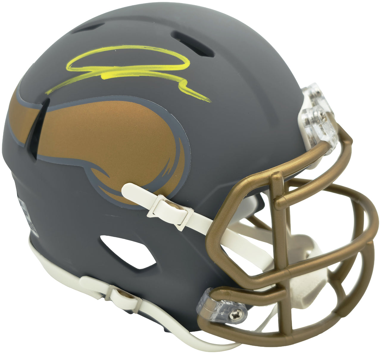 Jordan Addison Autographed Minnesota Vikings Slate Silver Speed Mini Helmet (In Yellow) Beckett BAS QR