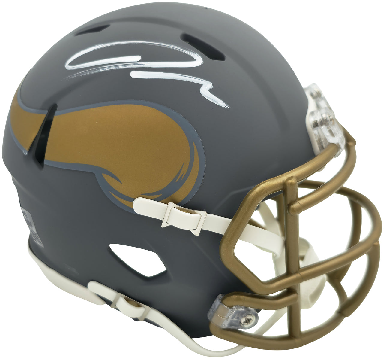 Jordan Addison Autographed Minnesota Vikings Slate Silver Speed Mini Helmet (In White) Beckett BAS QR