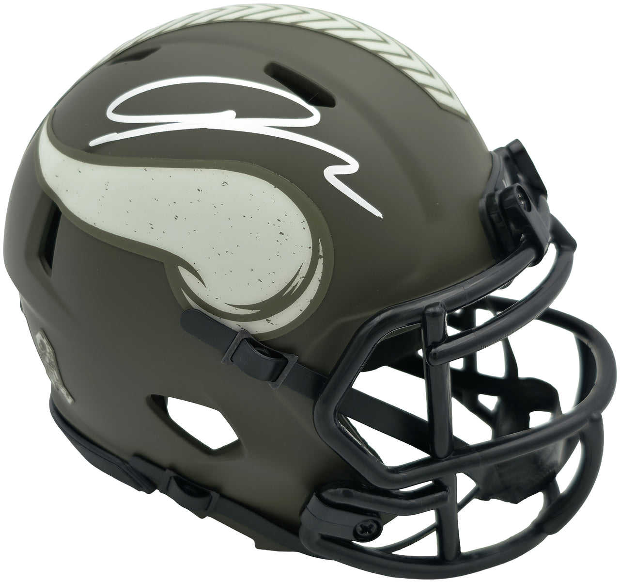 Jordan Addison Autographed Minnesota Vikings Army Green Salute To Service Speed Mini Helmet (In Silver) Beckett BAS QR