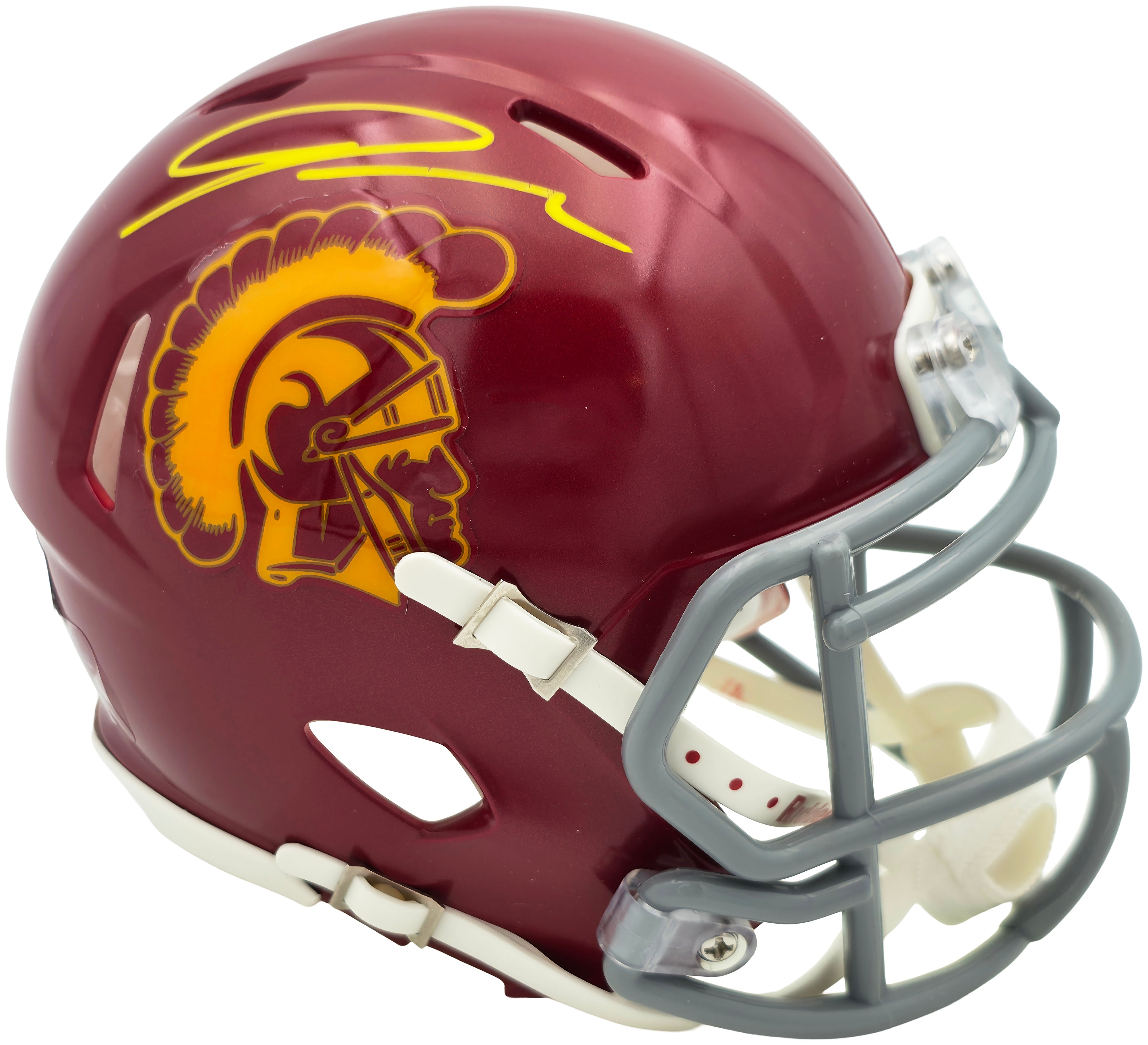 Jordan Addison Autographed USC Trojans Red Speed Mini Helmet (In Yellow) Beckett BAS QR