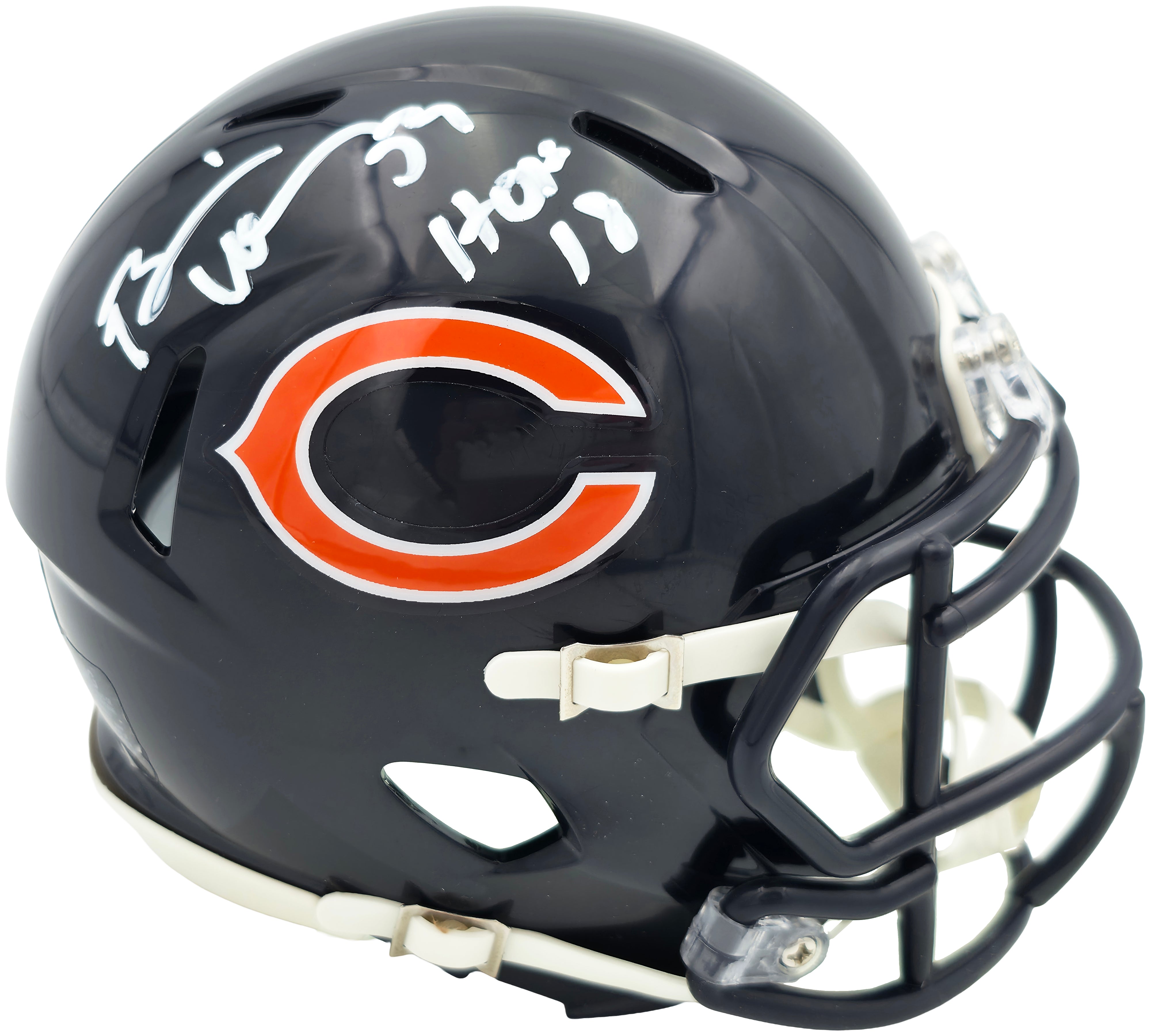 Brian Urlacher Autographed Chicago Bears Blue Speed Mini Helmet (In White) "HOF 18" Beckett BAS Witness