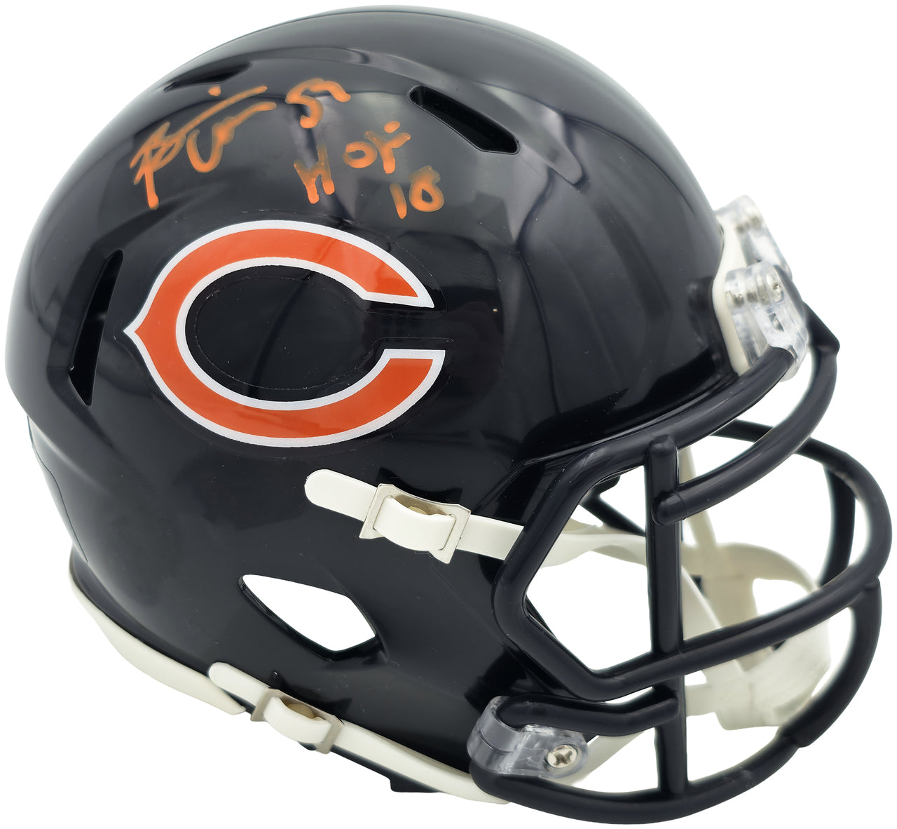 Brian Urlacher Autographed Chicago Bears Blue Speed Mini Helmet (In Orange) "HOF 18" Beckett BAS Witness