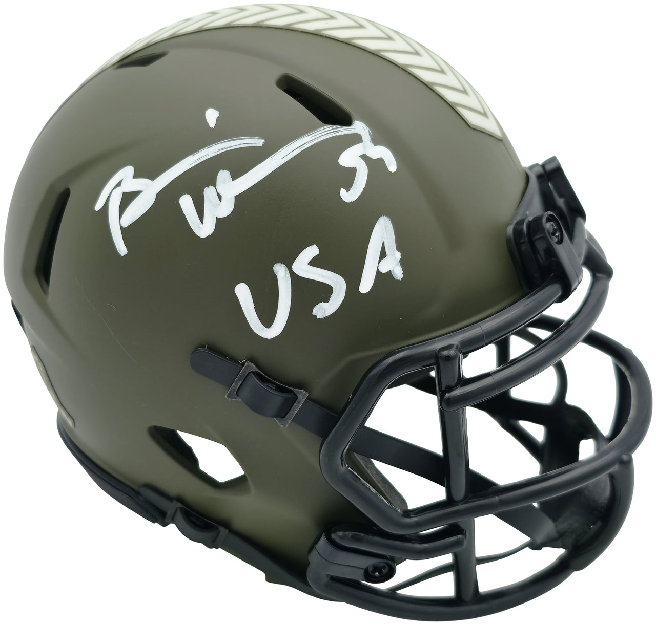Brian Urlacher Autographed Chicago Bears Army Green 2022 Salute To Service Speed Mini Helmet "USA" Beckett BAS Witness