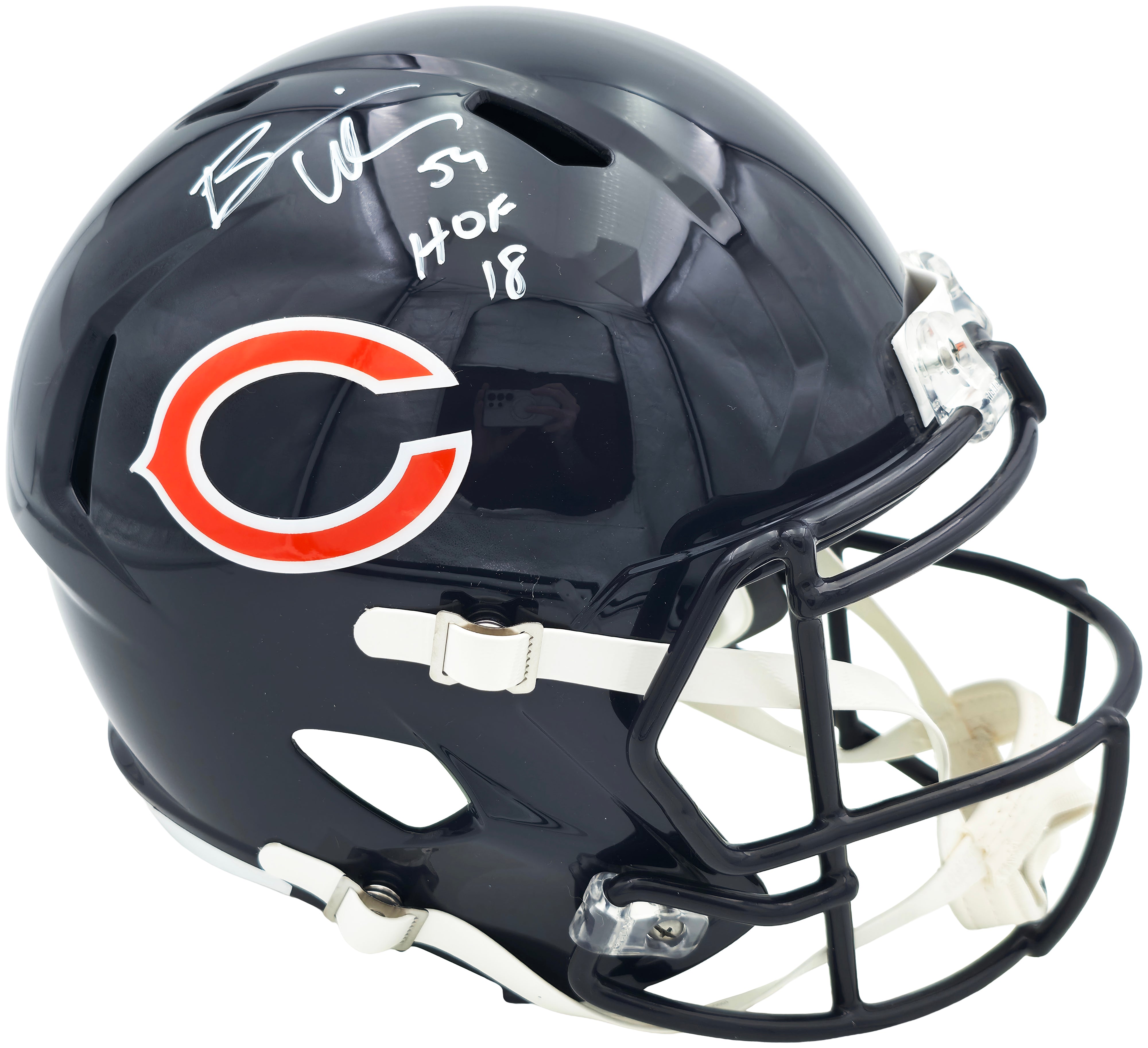 Brian Urlacher Signed Bears Blue Replica Helmet "HOF 18" White BAS Witness Authenticated