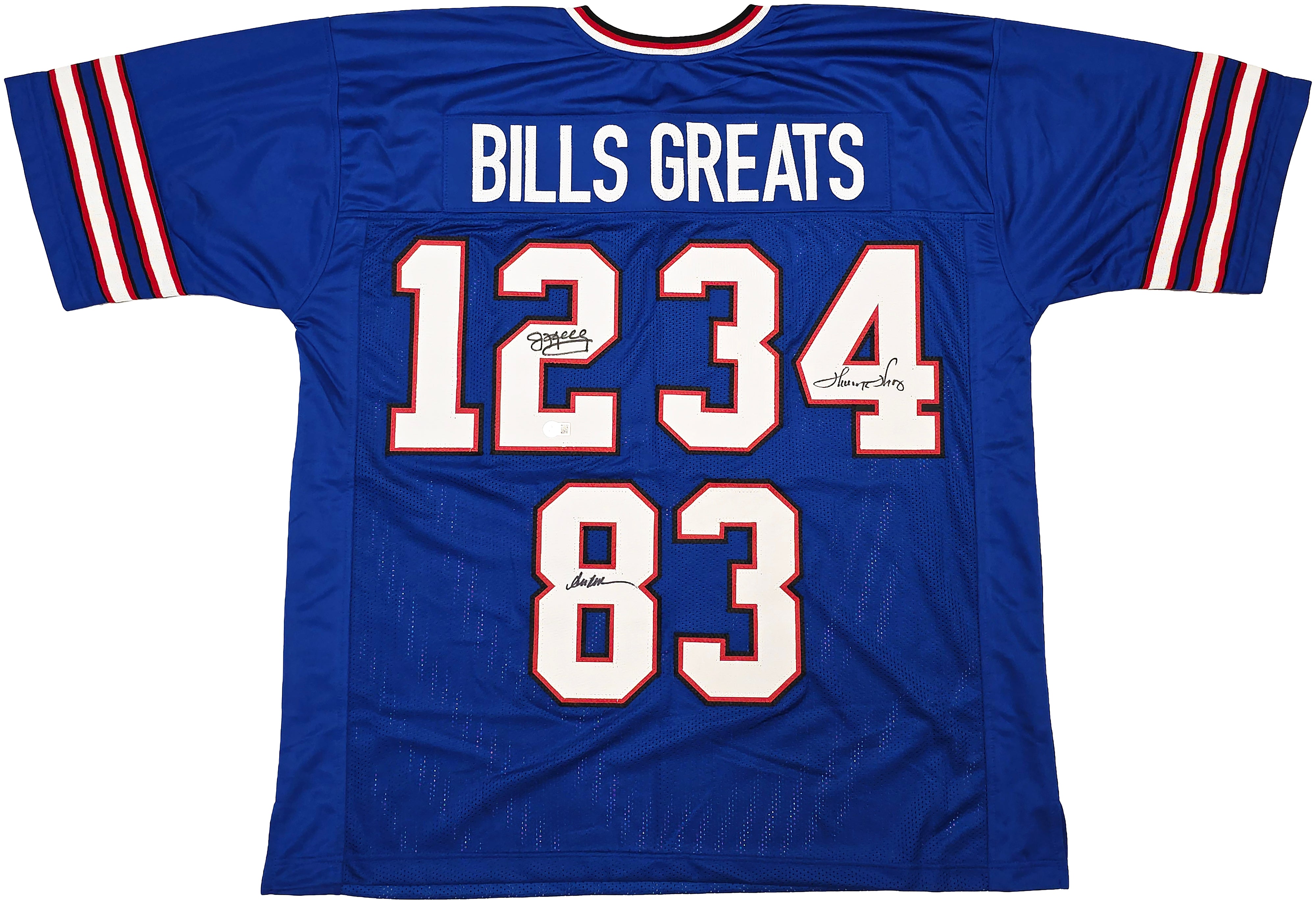 Jim Kelly Thurman Thomas Andre Reed Signed Buffalo Bills Blue Jersey BAS Witness Authenticated