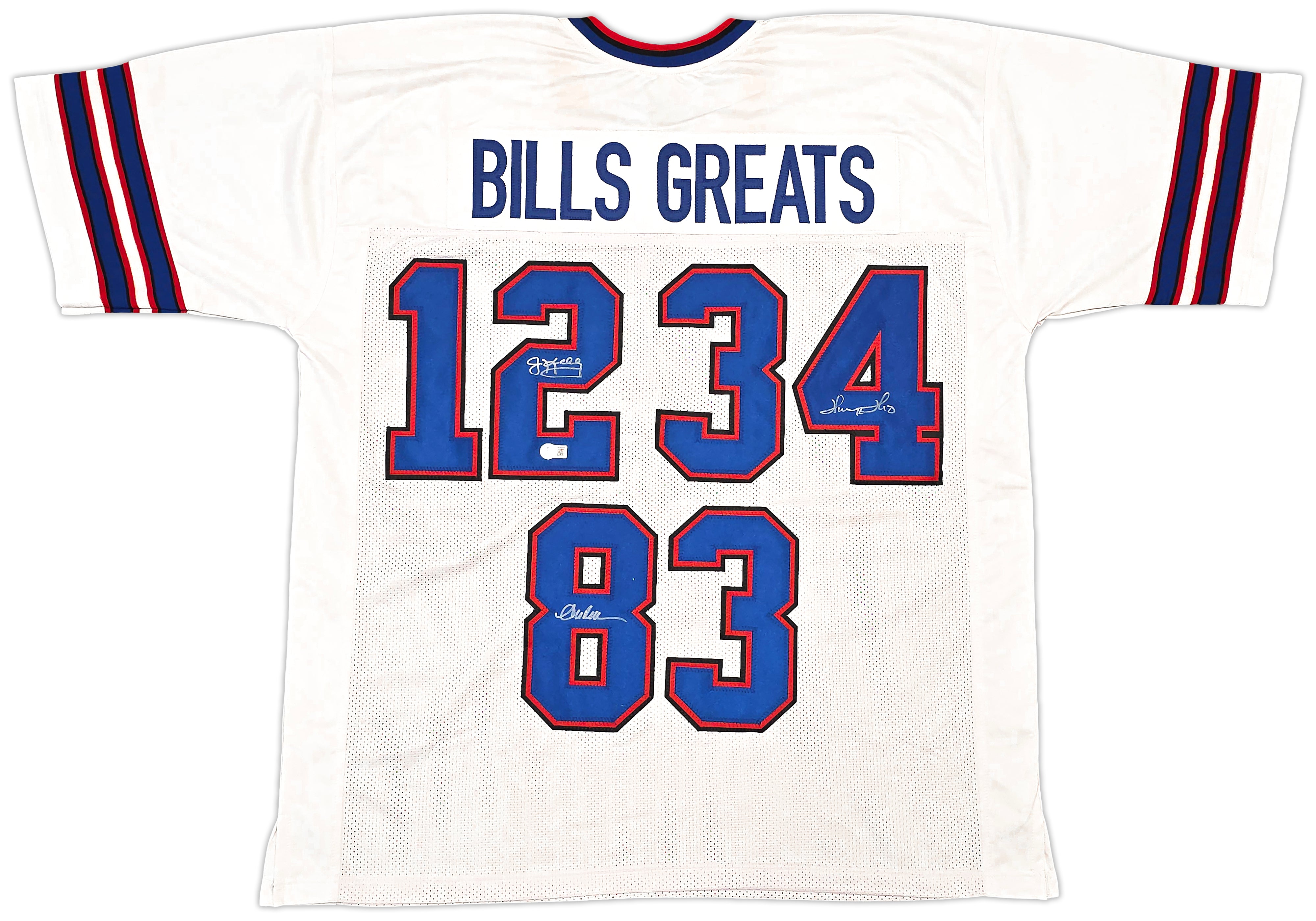 Jim Kelly Thurman Thomas Andre Reed Signed Buffalo Bills White Jersey BAS Witness Authenticated