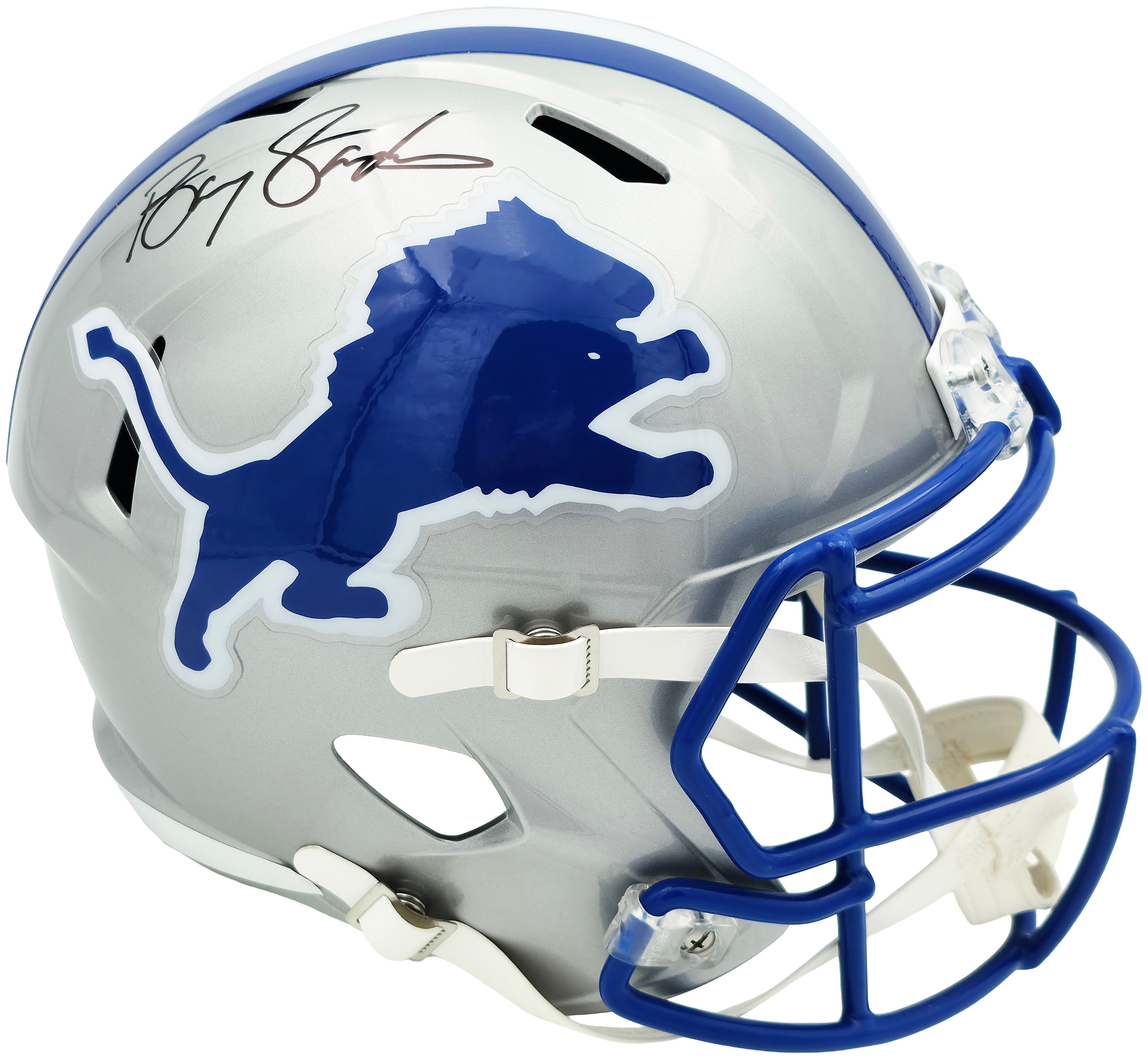 Barry Sanders Signed Detroit Lions 1983–02 Silver Throwback Speed Replica Full Size Helmet – Beckett BAS
