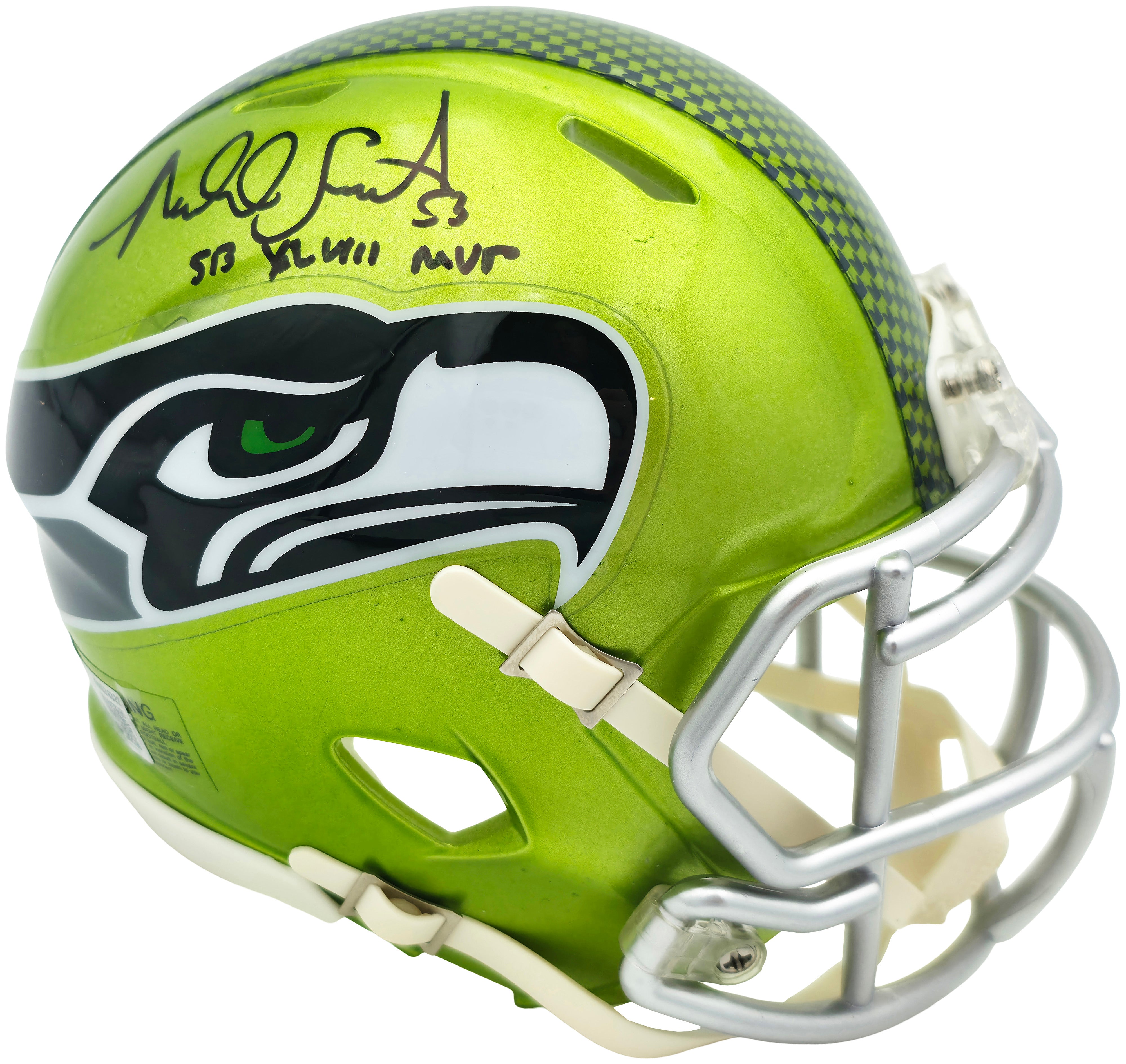 Malcolm Smith Autographed Seattle Seahawks Flash Green Speed Mini Helmet "SB LXVIII MVP" Beckett BAS Witness