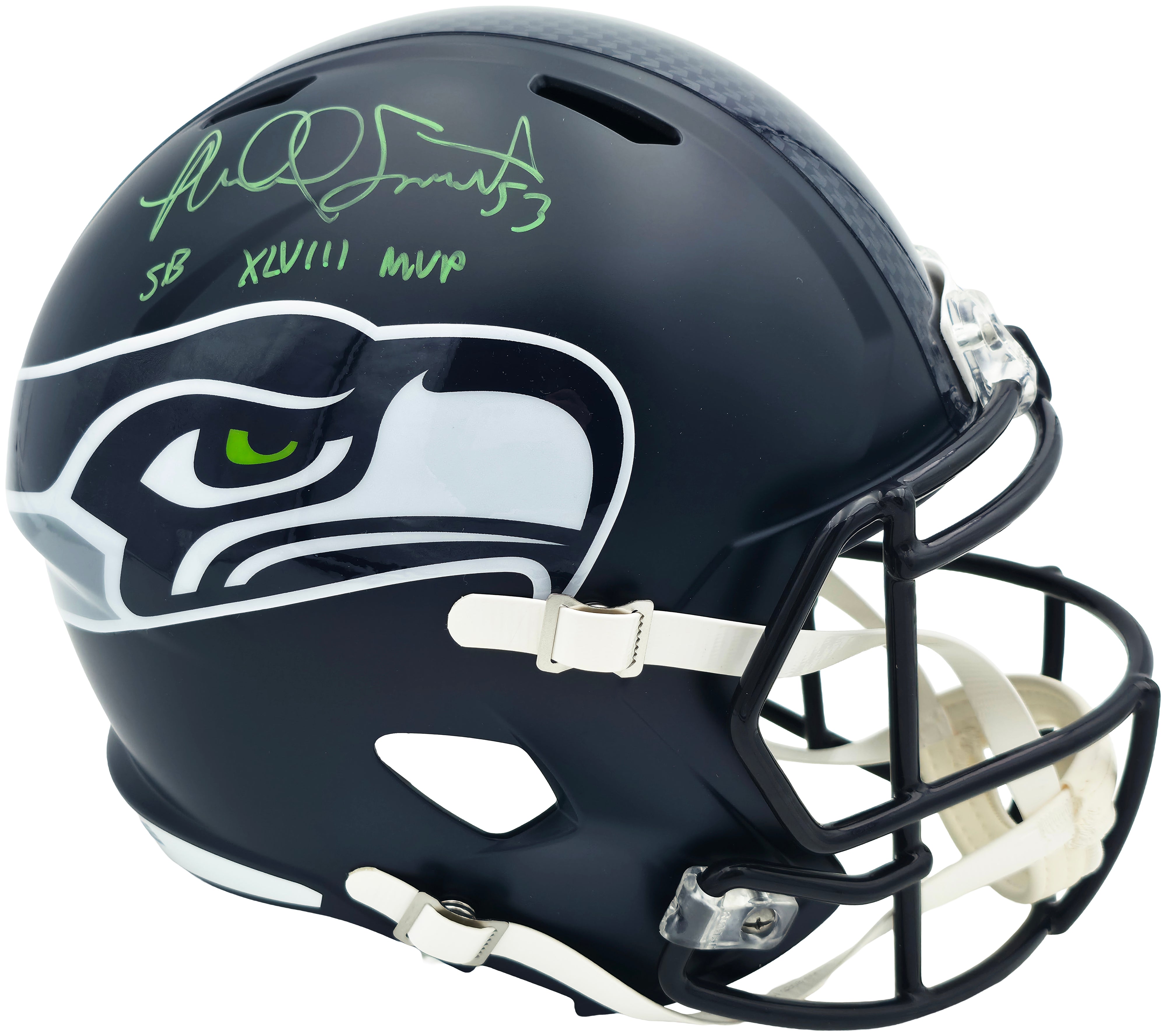 Malcolm Smith Autographed Seattle Seahawks Blue Full Size Speed Replica Helmet "SB LXVIII MVP" Beckett BAS Witness