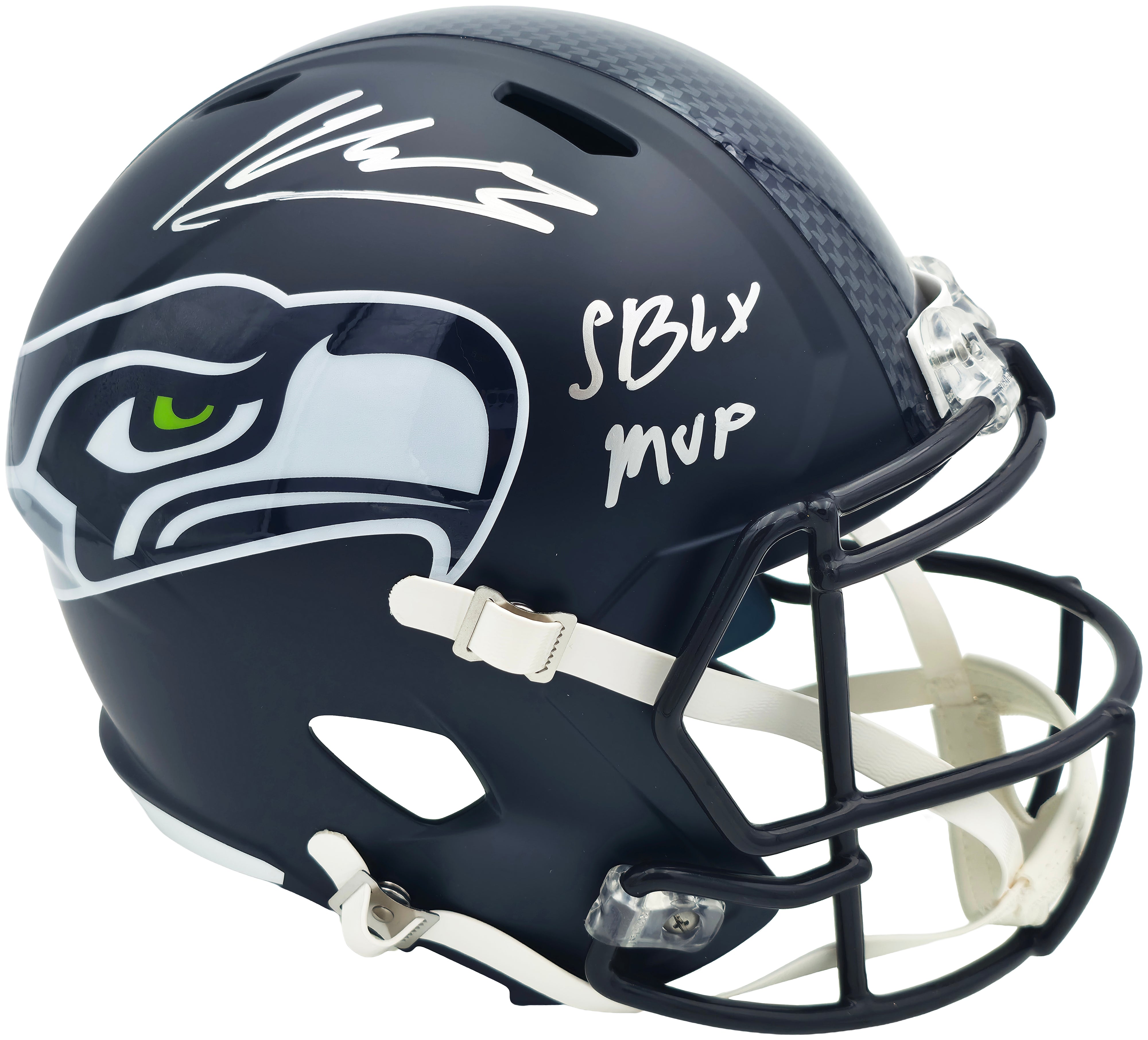 Kenneth Walker III Autographed Seattle Seahawks Blue Full Size SB LX Champions Logo Speed Replica Helmet "SB LX MVP" Beckett BAS Witness