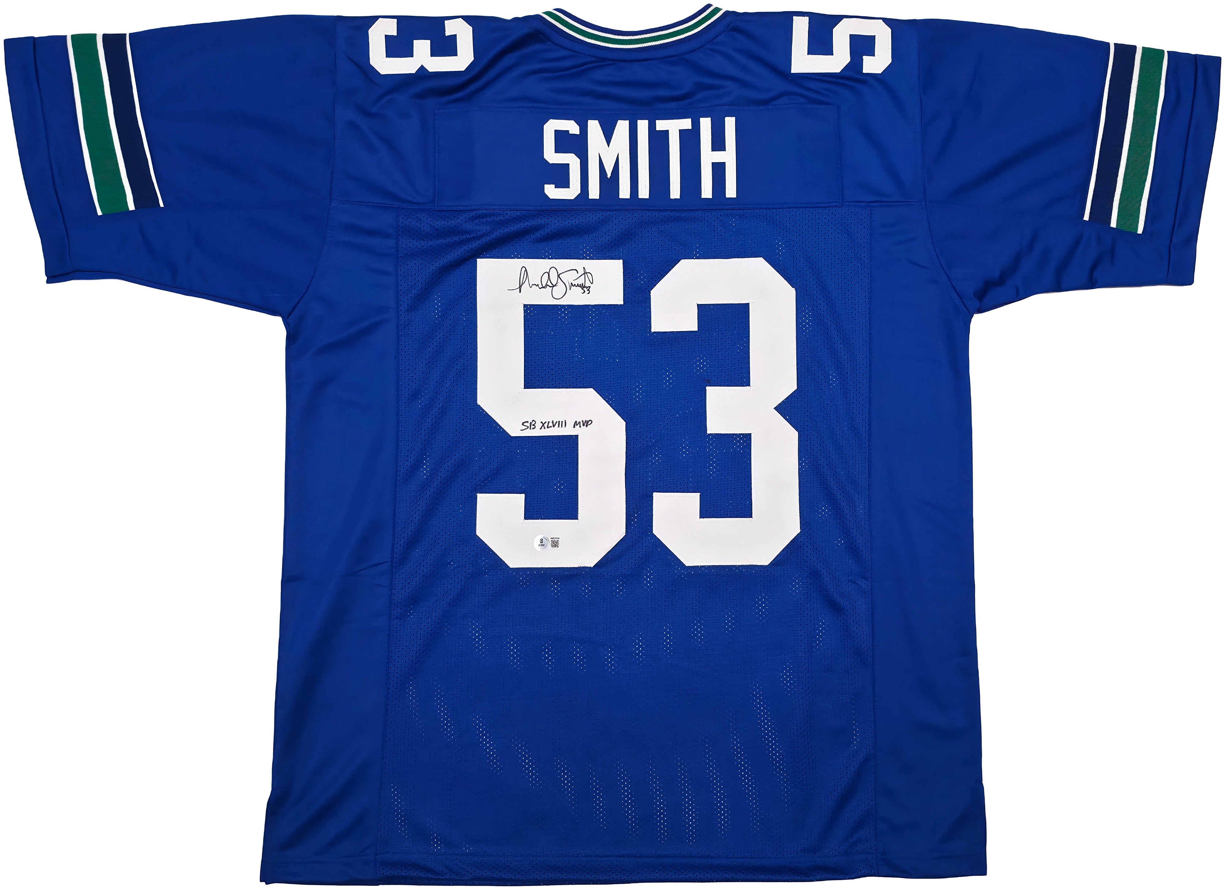Seattle Seahawks Malcolm Smith Autographed Blue Jersey "SB LXVIII MVP" Beckett BAS Witness