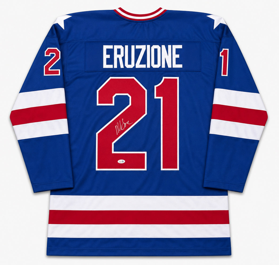 1980 Team USA Mike Eruzione Autographed Blue Jersey JSA Witness