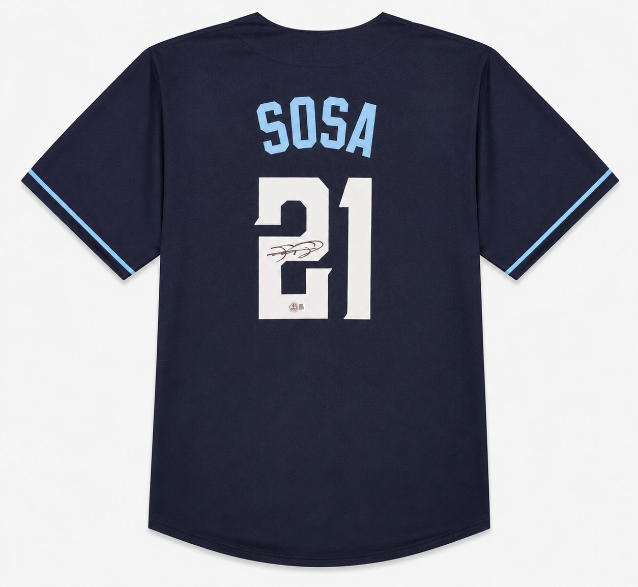 Chicago Cubs Sammy Sosa Autographed Dark Blue Jersey 'Slammin Sammy' Beckett BAS Witness