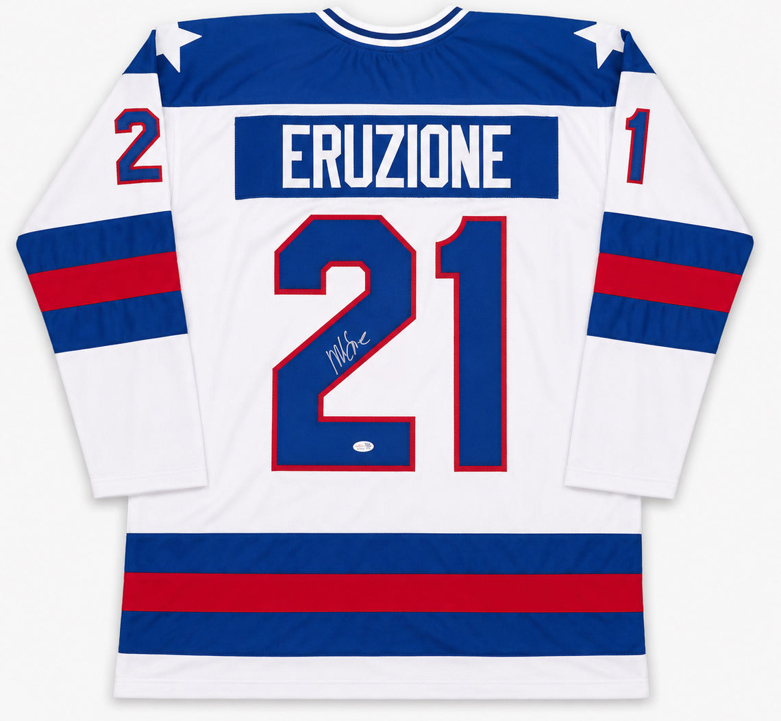 1980 Team USA Mike Eruzione Autographed White Jersey JSA Witness