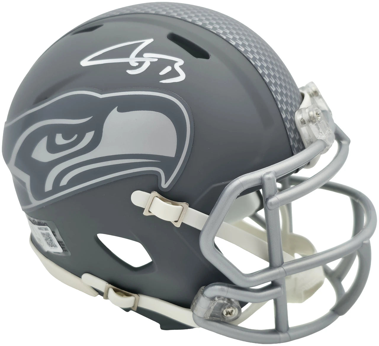 AJ Barner Autographed Seattle Seahawks Slate Gray Speed Mini Helmet Beckett BAS Witness