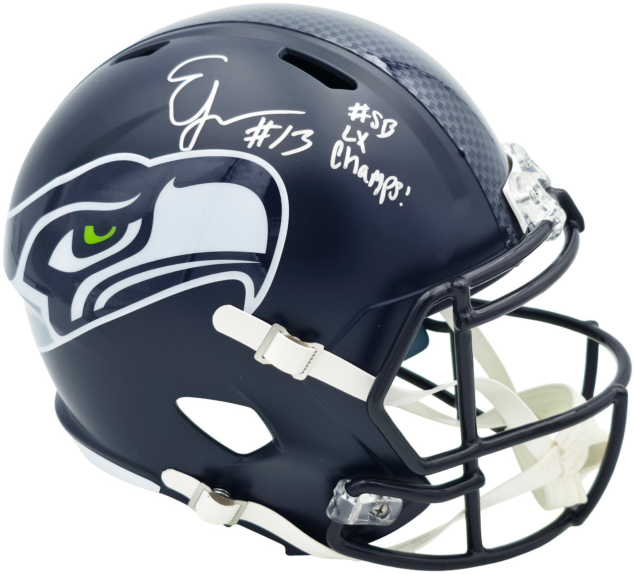 Ernest Jones IV Autographed Seattle Seahawks Blue Full Size Super Bowl LX Champions Logo Speed Replica Helmet "SB LX Champs" MCS Holo